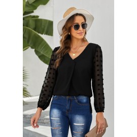 Black Swiss Dot V Neck Long Sleeve Blouse