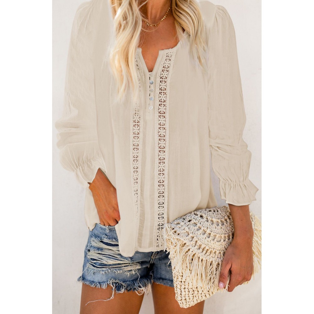 Apriot Bohemian Bubble Sleeve Eyelet Blouse