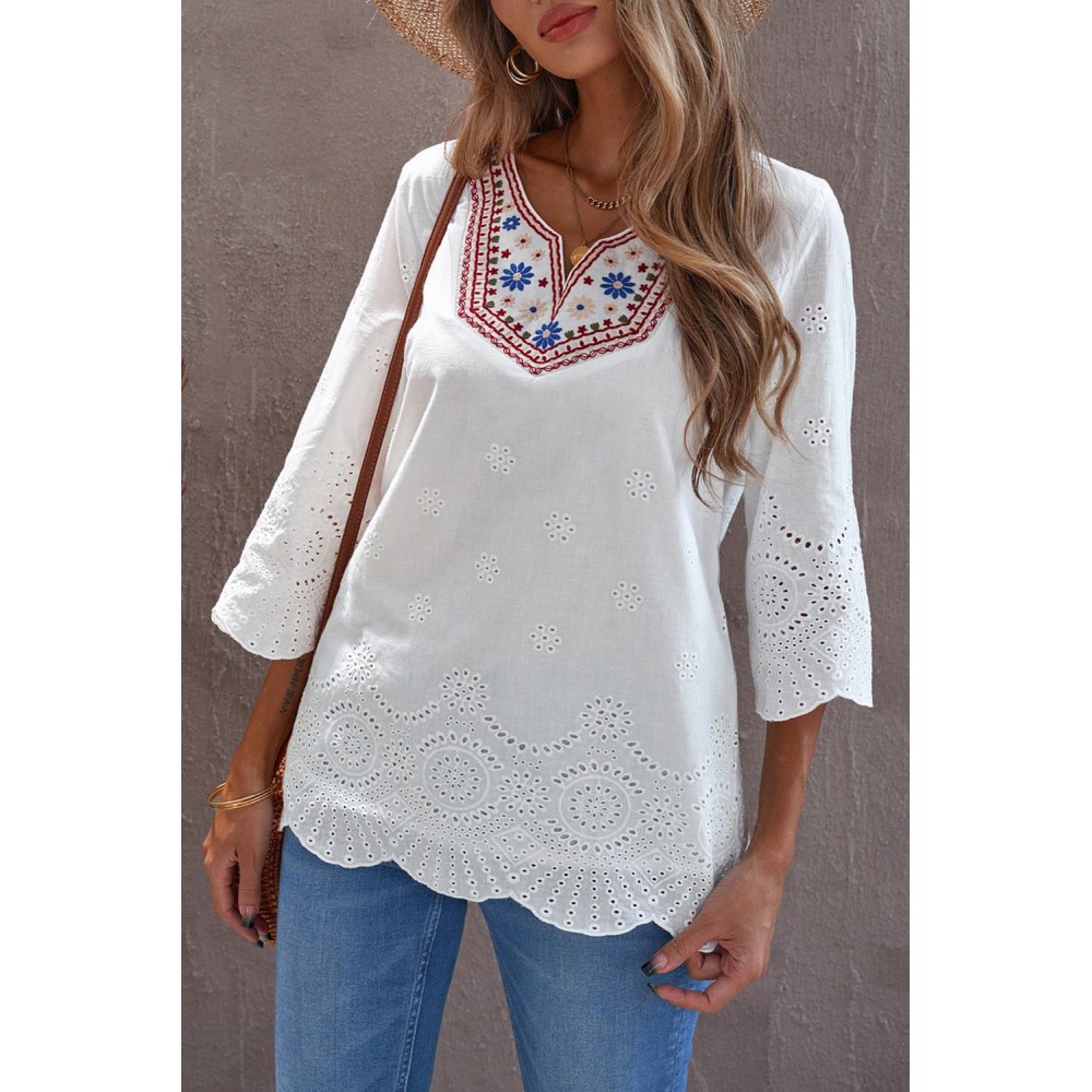 Embroidered Floral Hollow-out Bell Sleeve Blouse