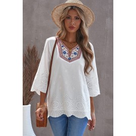 Embroidered Floral Hollow-out Bell Sleeve Blouse