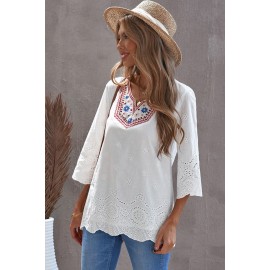 Embroidered Floral Hollow-out Bell Sleeve Blouse