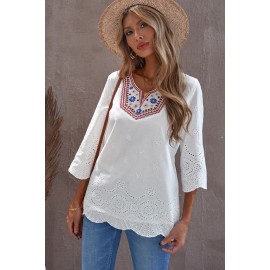 Embroidered Floral Hollow-out Bell Sleeve Blouse