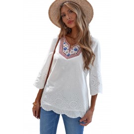 Embroidered Floral Hollow-out Bell Sleeve Blouse