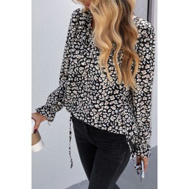 Black Printed Long Sleeve V-Neck Drawstring Shirt