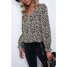 Black Printed Long Sleeve V-Neck Drawstring Shirt