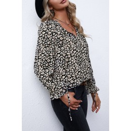 Black Printed Long Sleeve V-Neck Drawstring Shirt