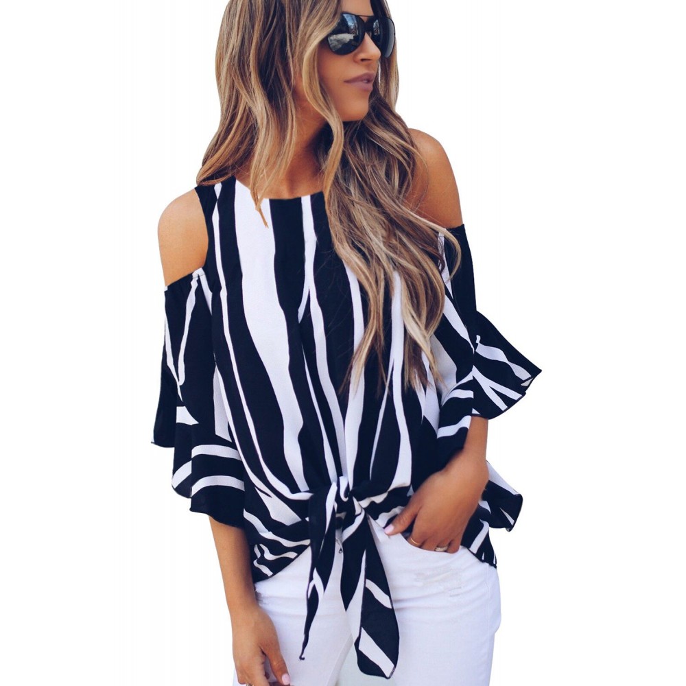 Black Cold Shoulder Vertical Stripes Blouse