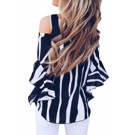 Black Cold Shoulder Vertical Stripes Blouse