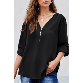 Black Casual V Neck Zip up Half Sleeve Blouse