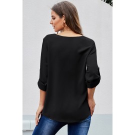 Black Casual V Neck Zip up Half Sleeve Blouse