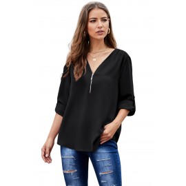 Black Casual V Neck Zip up Half Sleeve Blouse