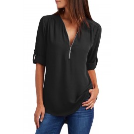 Black Casual V Neck Zip up Half Sleeve Blouse