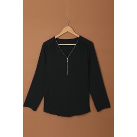 Black Casual V Neck Zip up Half Sleeve Blouse