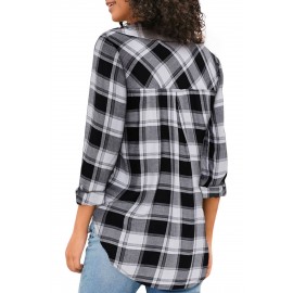 Black V Neck Roll up Sleeve Button Up Plaid Pattern Shirt