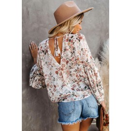 Multi-color Wrap V Neck Lantern Sleeve Floral Print Drape Blouse