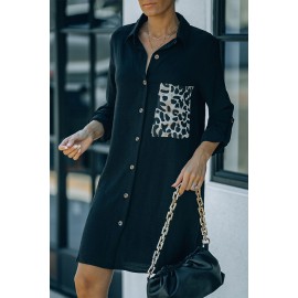 Black Cheetah Print Pocket Button Design Casual Shirt