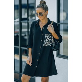 Black Cheetah Print Pocket Button Design Casual Shirt