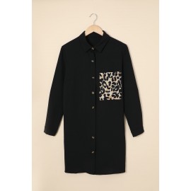 Black Cheetah Print Pocket Button Design Casual Shirt