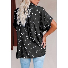 Black Stars Print Cuffed Sleeves Shirt