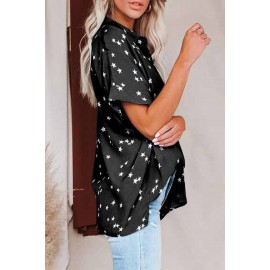 Black Stars Print Cuffed Sleeves Shirt