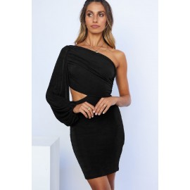 Black One Shoulder Bubble Shoulder Cut-out Bodycon Mini Dress