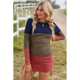 Lace Splicing Color Block Drawstring Ruched Bodycon Dress