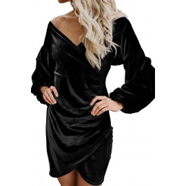 Black Puff Sleeve Off Shoulder Wrap Bodycon Velvet Dress