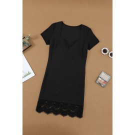 Black Short Sleeve Lace Trim Bodycon Mini Dress