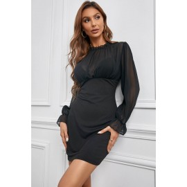 See-through Mesh Patchwork Puff Sleeve Bodycon Mini Dress