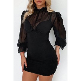 See-through Mesh Patchwork Puff Sleeve Bodycon Mini Dress