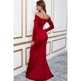 Wine Red Off Shoulder Side Split Bodycon Prom Dress