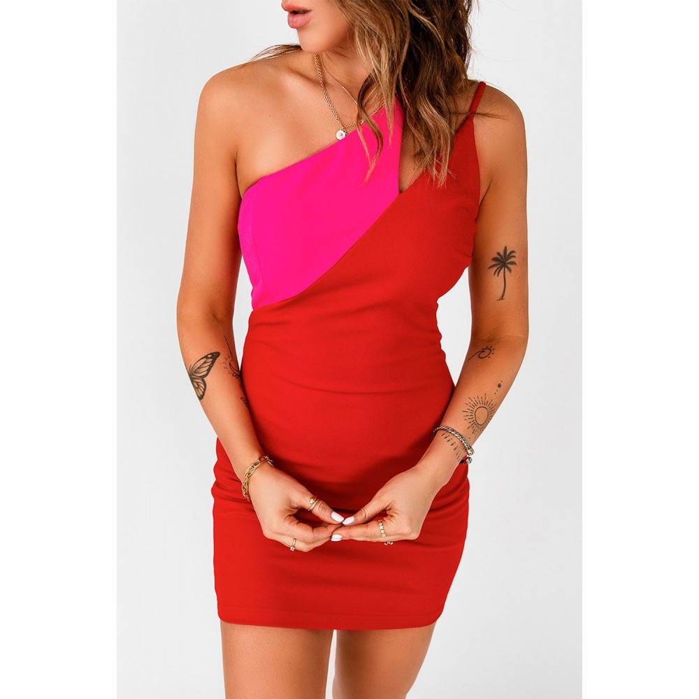 Red Cut-out Color Block One Shoulder Bodycon Dress